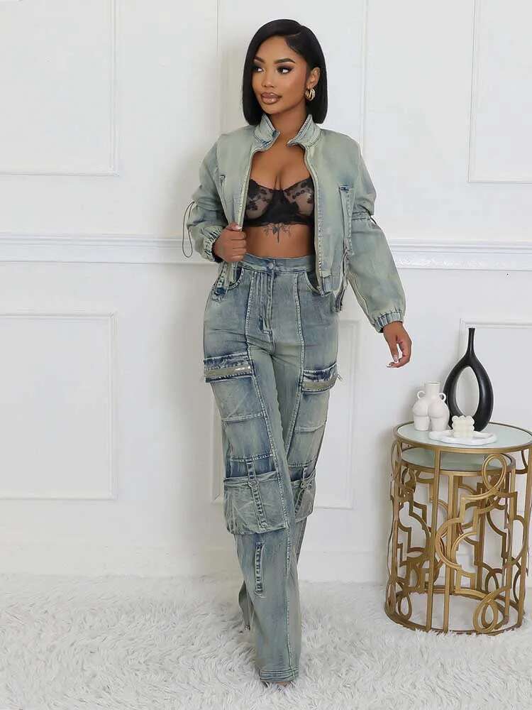 2 Piece Set For Women Winter Long Sleeve Jacket And Jeans Streetwear Sexy Stretchy Denim Pant Sets Wholesale Dropshipping