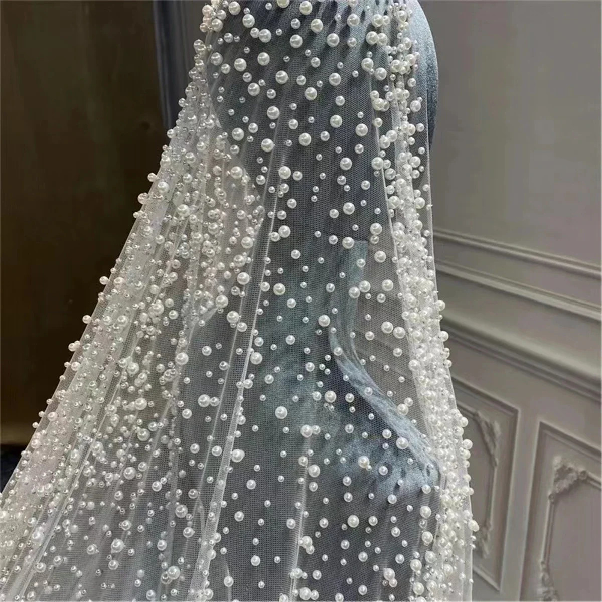 1Tier Wedding Veil With Pearls Long Bridal Veil Scattered Pearls Dense Pearls Mantilla Veil with Comb Cathedral Custom250108