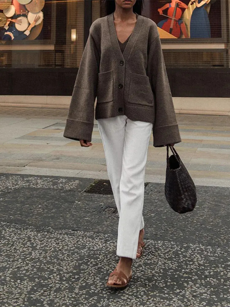 Fashion Lady Commuting Streetwear Women Classic Solid V Neck Pocket Cardigan Casual Long Sleeve Single-breasted Sweater 250106