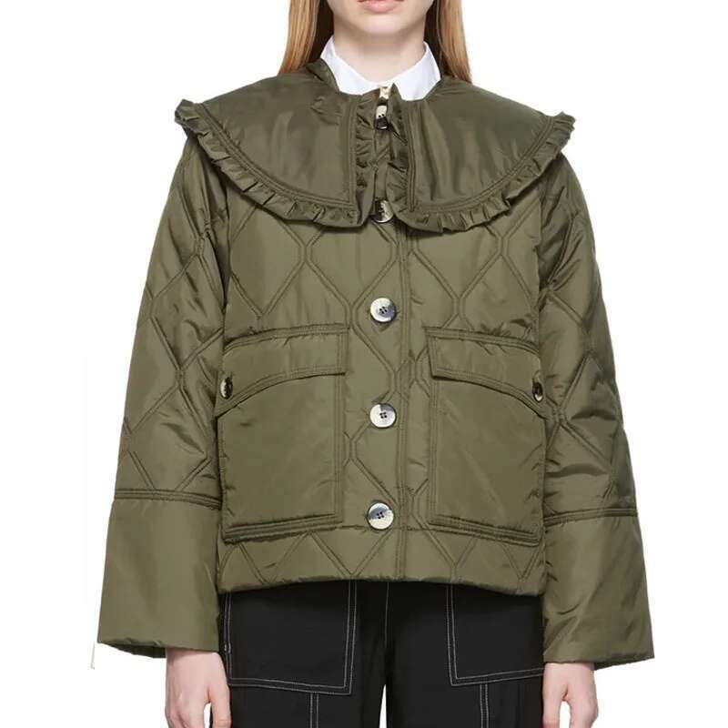 Peter Pan Collar Plaid Quilted Jacket For Women, Loose Outerwear, Pockets Parkas, Winter Clothes, New Fashion