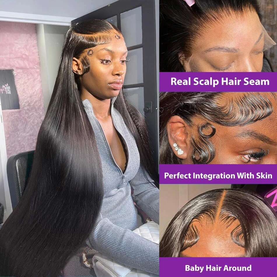 180% Density Straight HD Front Human Hair Wig Brazilian Remy 30 40 Inch 360 Transparent Lace Frontal Wigs For Black Women