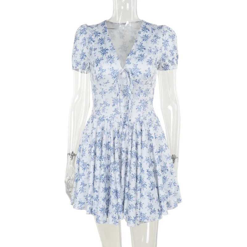 Womens printed sexy tight corset V-neck puff sleeve pleated A-line mini dress 2025 summer holiday party Y2k womens long robe M250109