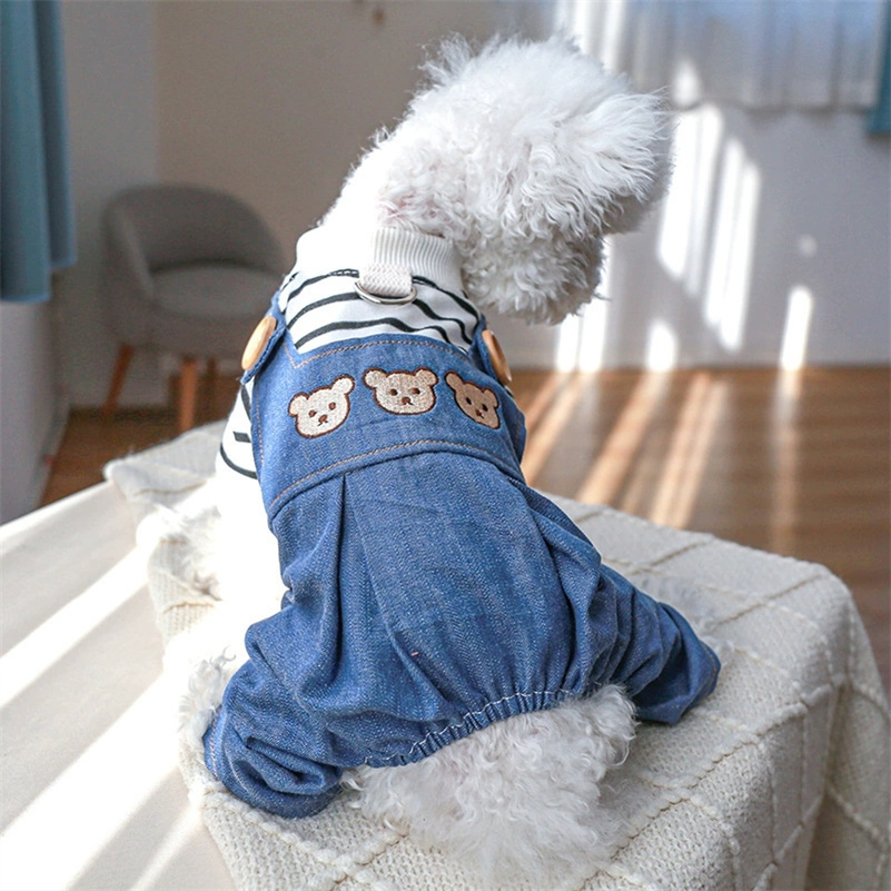 Dog Jumpsuit Pet Overall Round Neck Dog Denim Jumpsuit Adorable With Traction Ring Cartoon