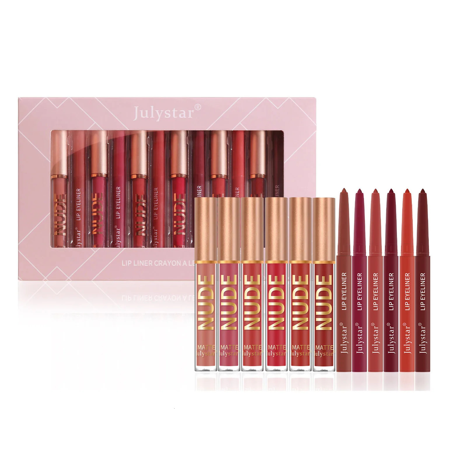 Non-stick lipstick pen cross-border waterproof long-lasting matte lip gloss lip liner 6 lip glazes 6 lip liners 250108