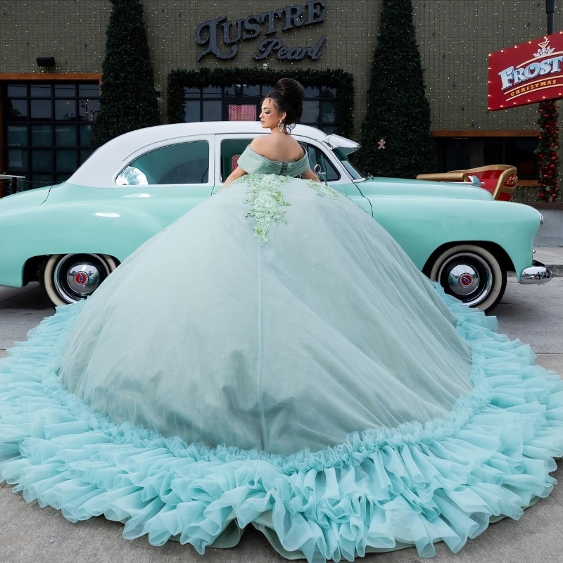 Mint Green Quinceanera Dresses Ball Gown Off The Shoulder Applique Beading Tull Tiered Party Birthday Sweet 16 Dress Vestidos 15 De Anos