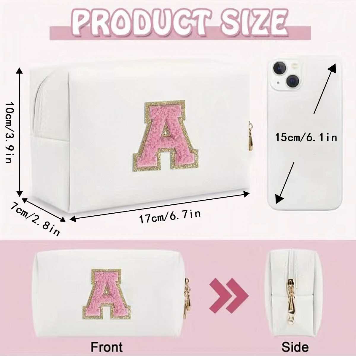 Initial letter patch makeup bag pre made portable chenille letter makeup bag with zipper PU leather waterproof travel toilet W250109
