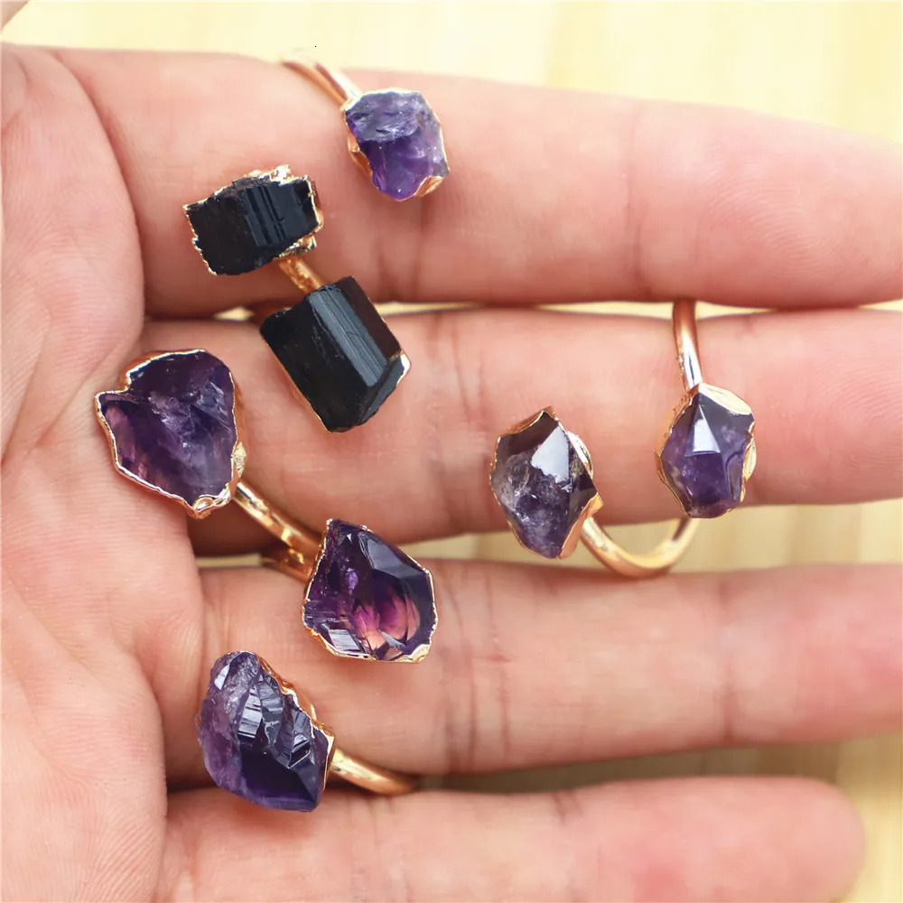 Natural Stone Black Tourmaline Amethyst Ring Slice Handmade Electroplated Goldtone Plated Free Form From Brazil Style 4PCS 250106