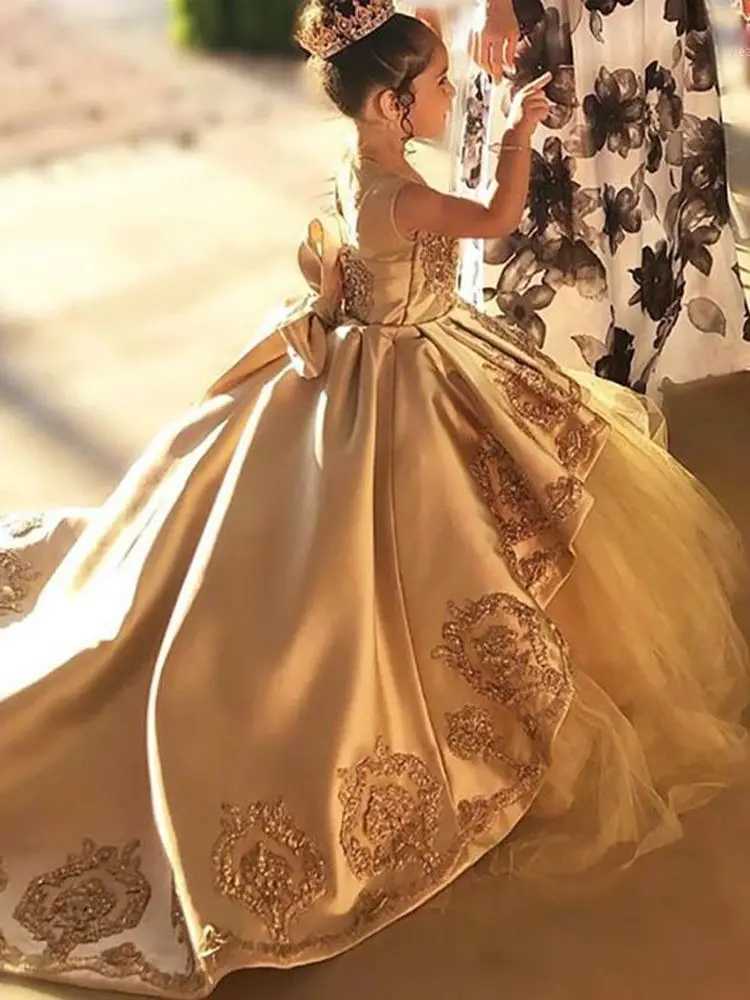 High Quali First Communion Dresses Kids Evening Ball Gown Gold Applique Bow Girls Pageant Dress Satin Tulle Flower Girl DressXJ250108