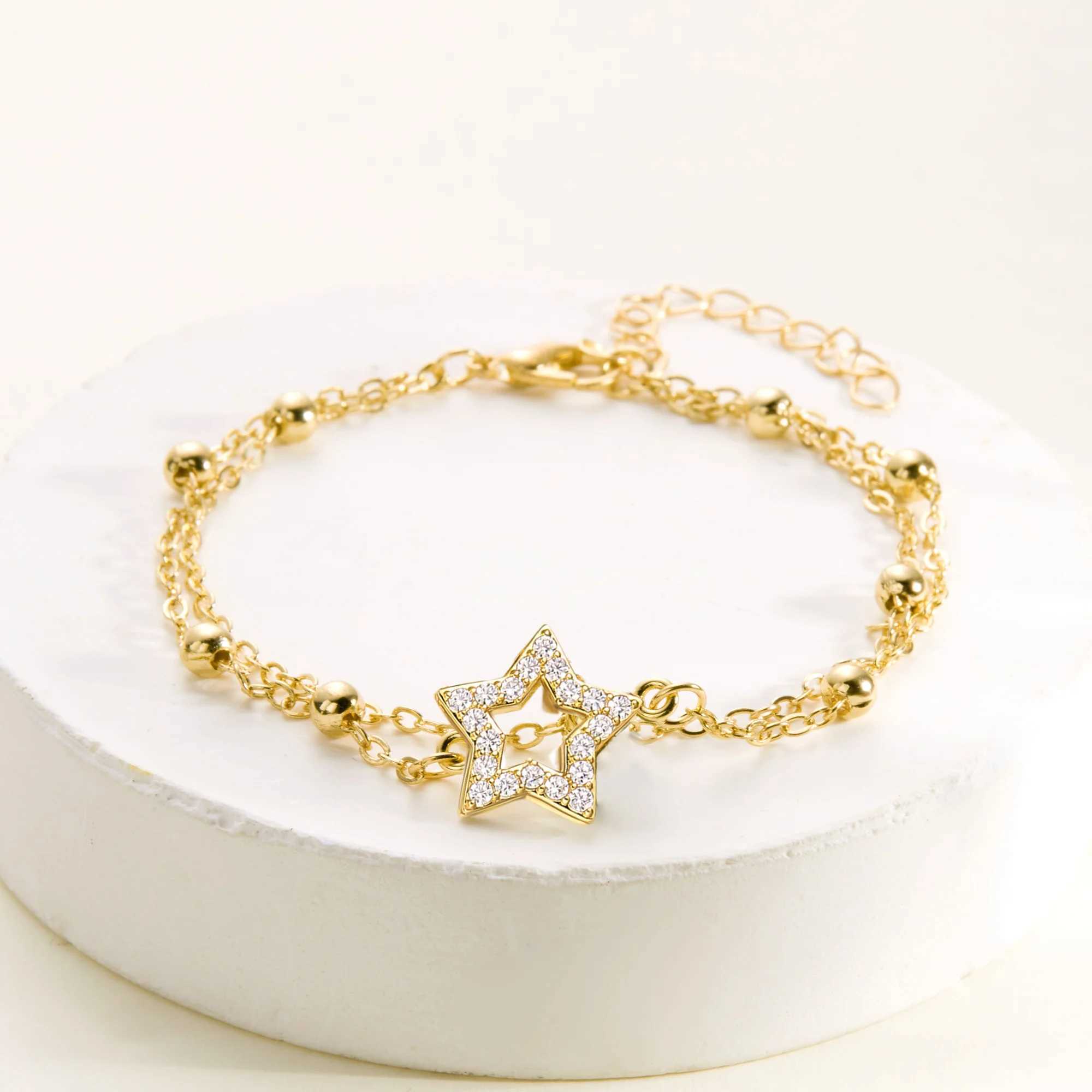Stainl Steel Hollow Star Moon Bracelet for Women Gold Color Shiny Zircon Metal Chain Bangles Friendship Party Jewelry GiftsXJ250109