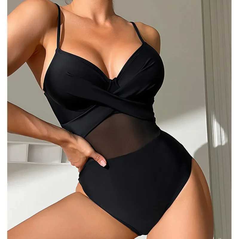 2025 Black Net Sexy One Piece Swimsuits Closed Womens Swimwear Push Up Swimming Wear Body Bathing Suit Beachwear Pool BatherXJ240108