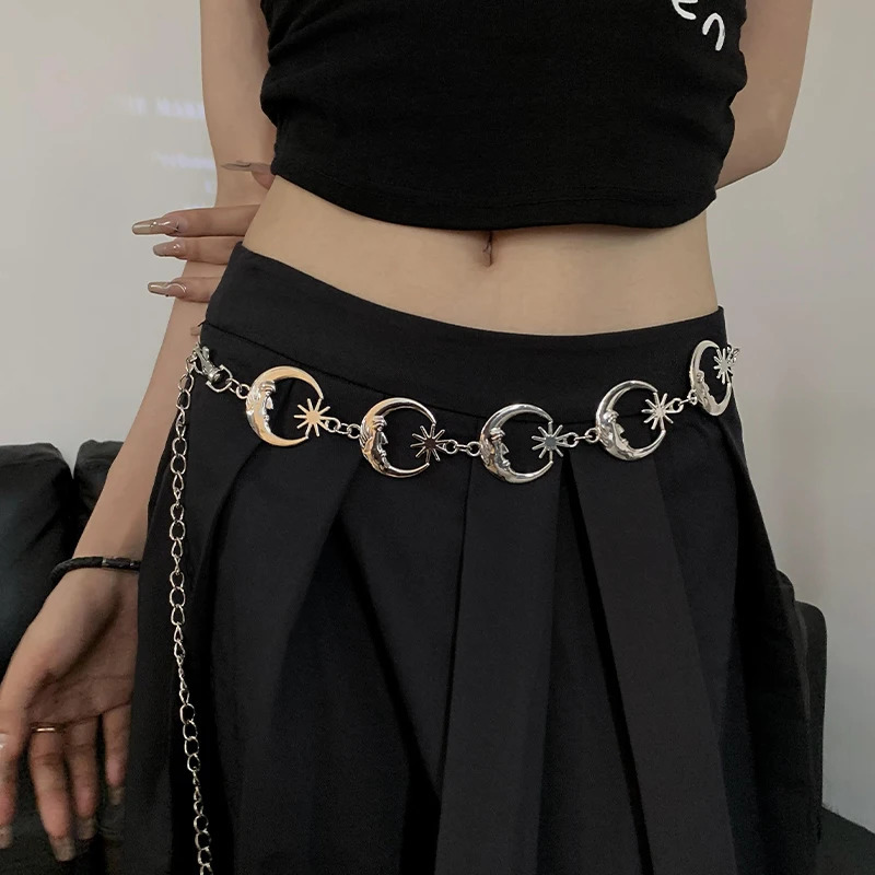 Metal belt chain belt womens waist moon sun womens punk dress belt Gothic accessories 250107