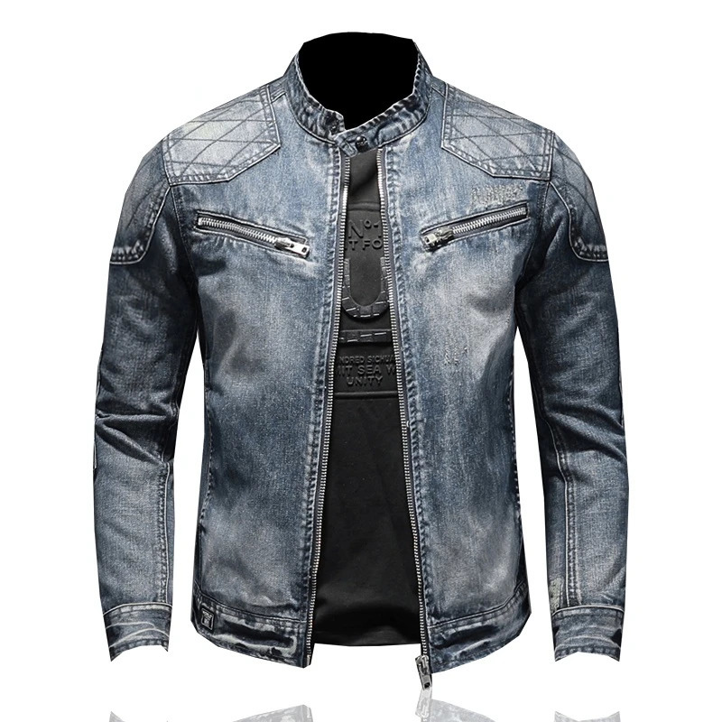 2023 Denim Jacket Mens Mock Neck Zipper Slim Fit Blue 250107