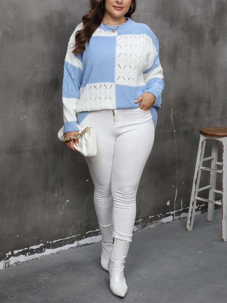 GIBSIE Plus Size Autumn And Winter Color Block Knitted Sweaters Women Casual Long Sleeve Crew Neck Pullover Women's Tops Jumpers
