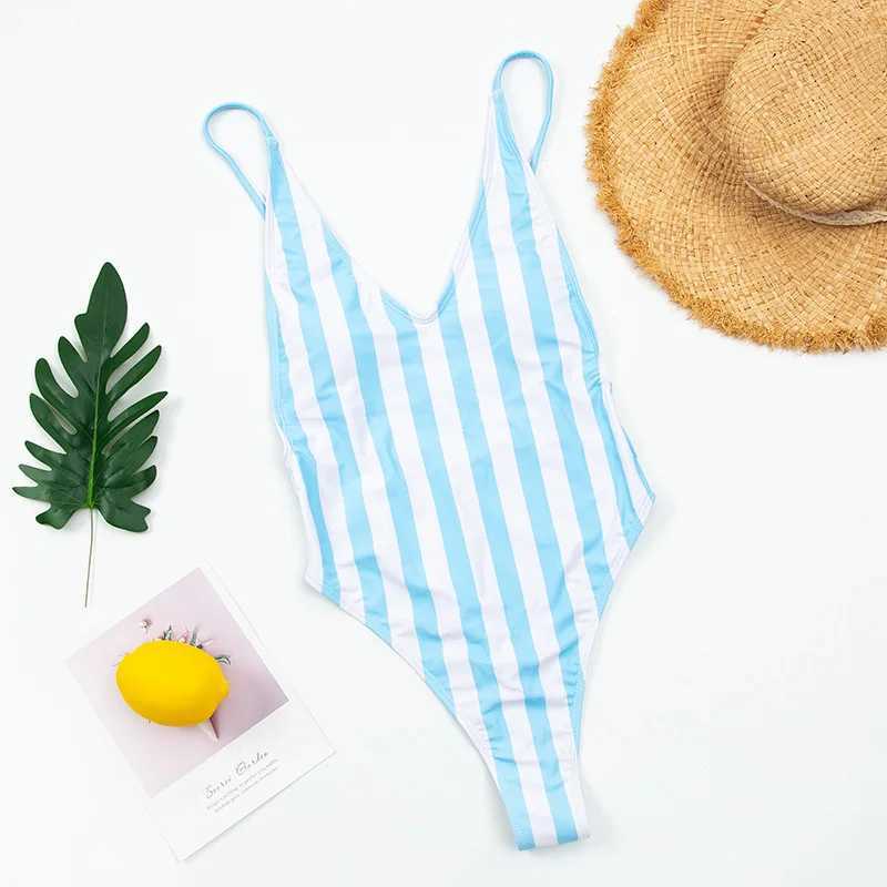 2024 Sexy One Piece Swimsuit Women V-Neck Swimwear Fa Striped Print Bodysuit Monokini ss Bathing Suit Summer BeachwearXJ240108