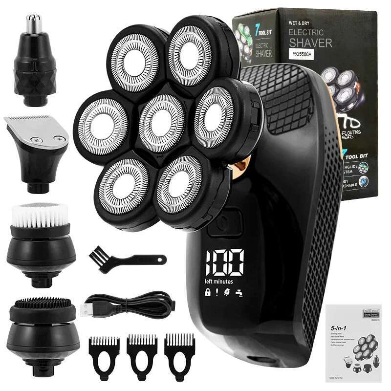 5 In 1 7D Men's Rechargeable Bald Head Electric Shaver 7 ating Heads Beard Nose Ear Hair Trimmer Razor Clipper Facial Brush