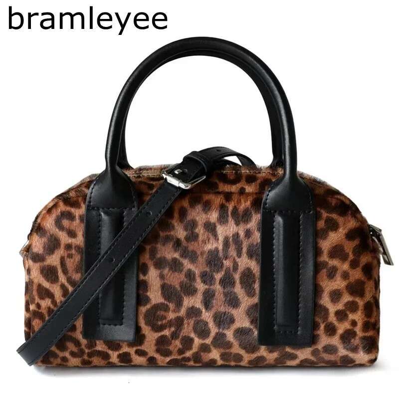 2025 Winter Leopard Grain Horsehair / Suede Cow Leather Boston Pillow Tote Blue Neche Design Women Handbag Shoulde Bag