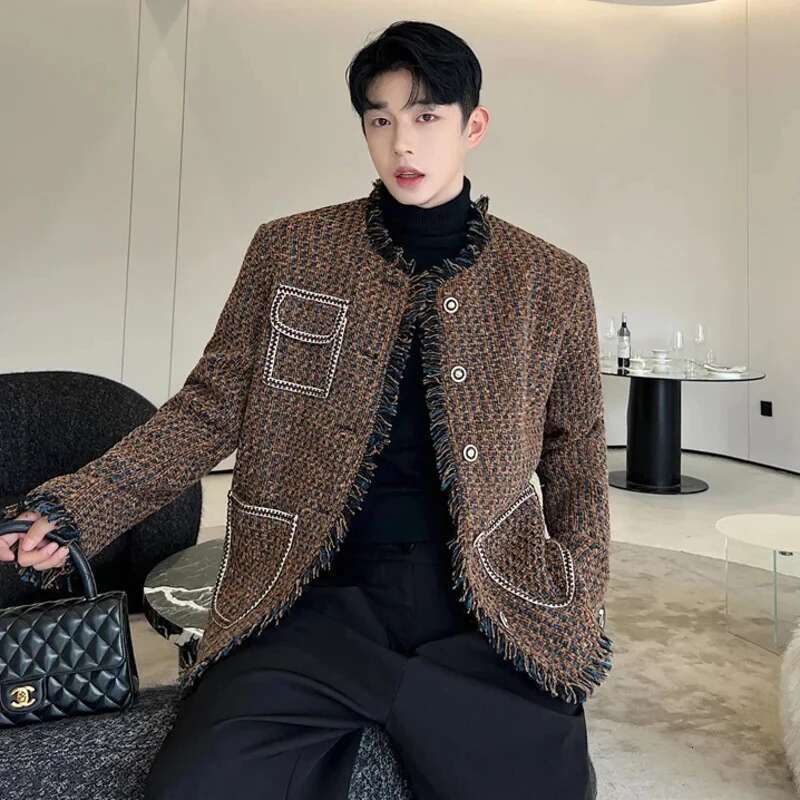 Tweed Woven Suit Jacket Trendy Men's Damaged Rough Edges Burrs Original Design Korean Elegant Stylish Blazer Coat Lz1730