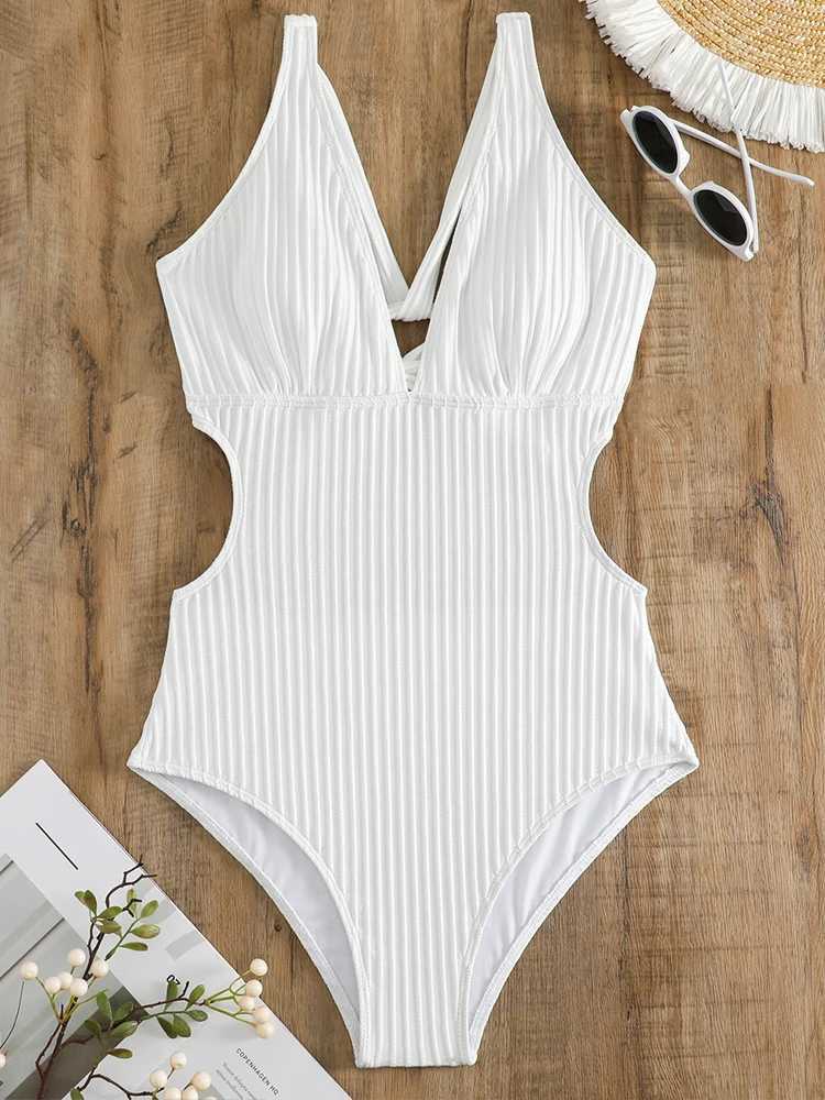 VigoBeviya 2025 Sexy White Strapped Swimwear Women ss Cross One Piece Swimsuit Monokini Hollow Push UP Beach Bathing SuitXJ240108
