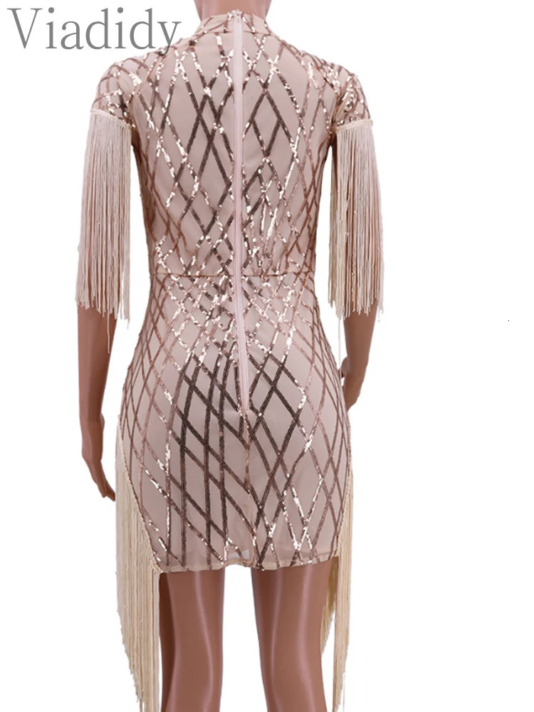 Women Fashion Elegant Sequins Tassels Mini Bodycon Party Dress 250109