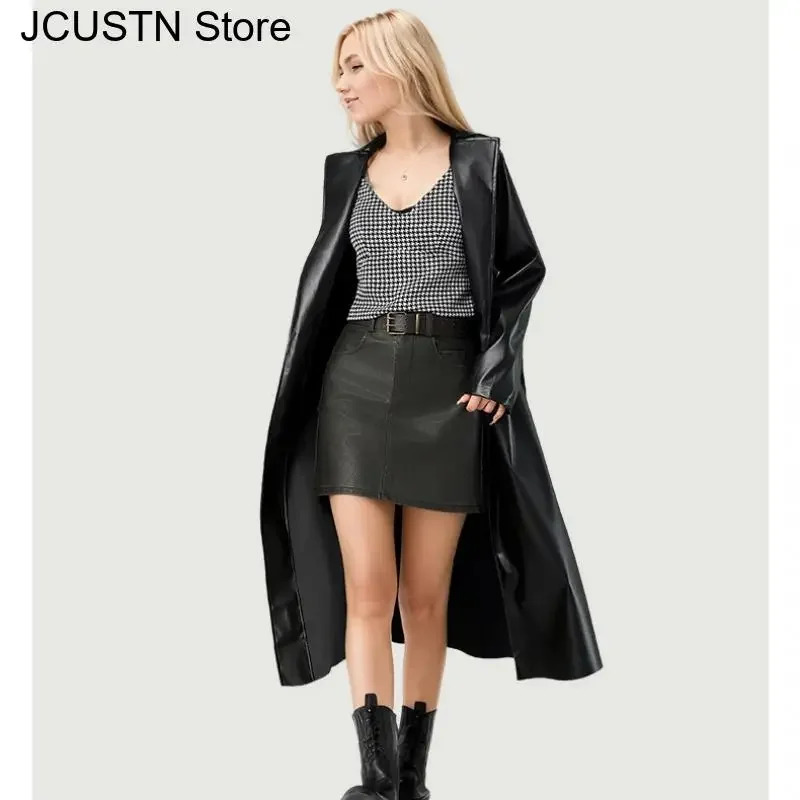 Long Faux Pu Leather Trench Coat Women Black Lapel Loose Fit Fall Stylish Jackets Casual Elegant Y2K Maxi Windbreak 250103