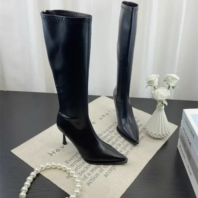 2024 Winter Womens Pointed Toe High Stiletto Heel Pleated Knee High Boots Womens Mid-Leg Comfortable Zapatos De Mujer 250106