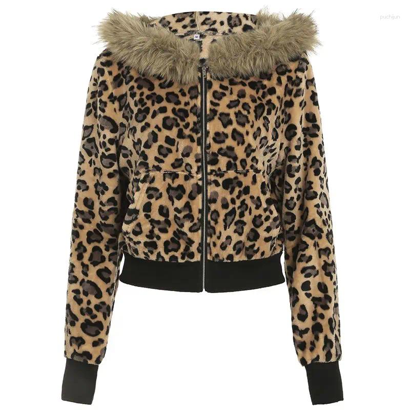 Women's Jackets Y2k Autumn Winter American Style Vintage Women High Street Jacket Hooded Fur Collar LEOPARD Chaquetas Zipper Design Sense