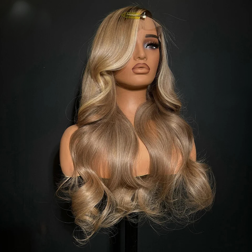 180density Ash Blonde Highlight Body Wave Wigs for Women Yellow Brown 13x4 Human Hair Lace Frontal Wig Preplucked Glueless Lace Front Wig Synthetic Preplucked