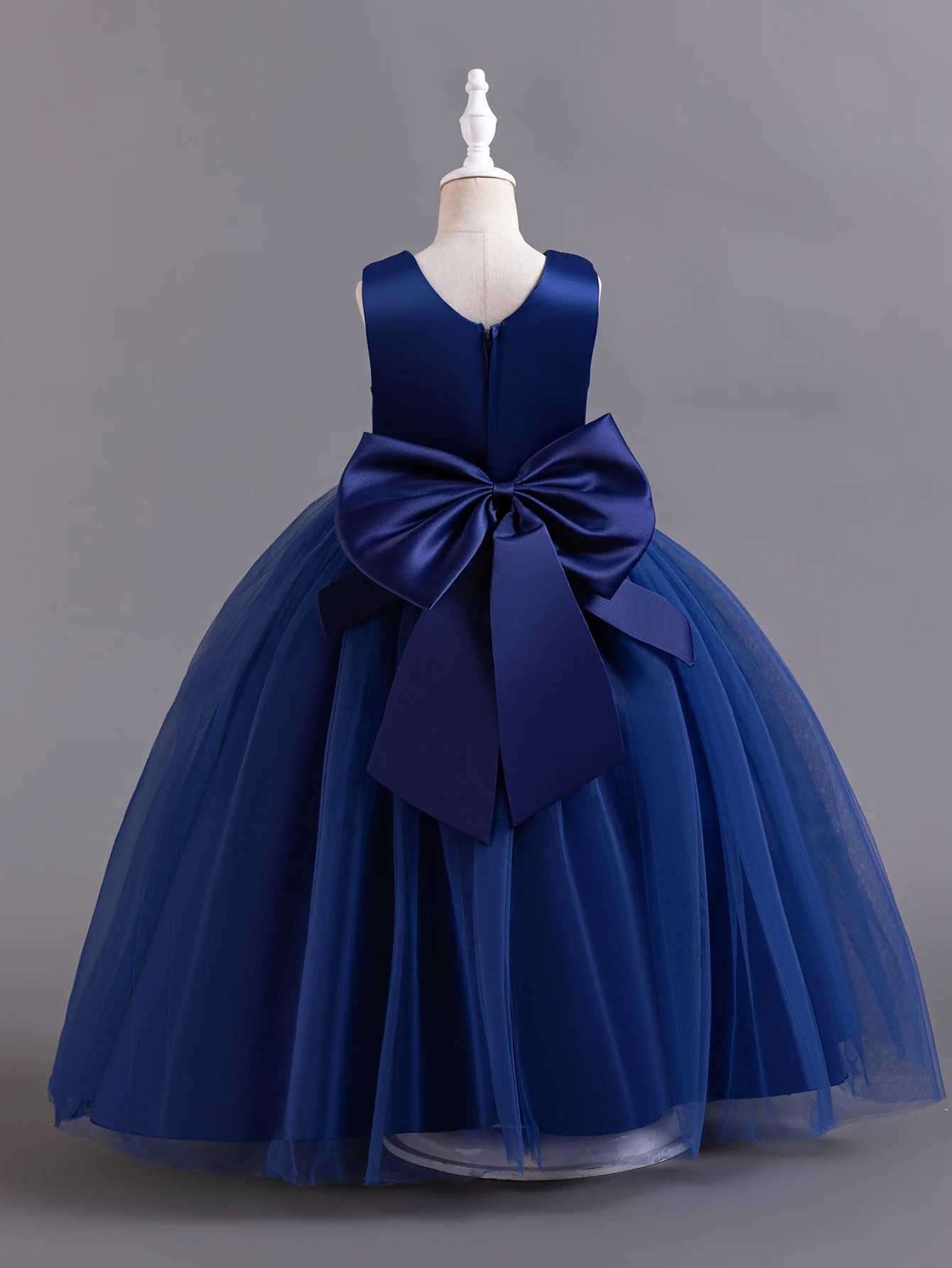 Shining Crystal Belt blue Sleeveless Long Dress for Princess Prom Bow Dresses for 3 to 12 Years GirlsXJ250108