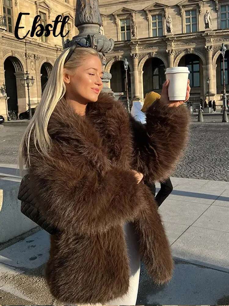 Vintage Fluffy Faux Fur Coat Women Solid Warm Lapel Button Long Sleeve Thicken Overcoat 2024 Winter New Lady Casual Streetwear