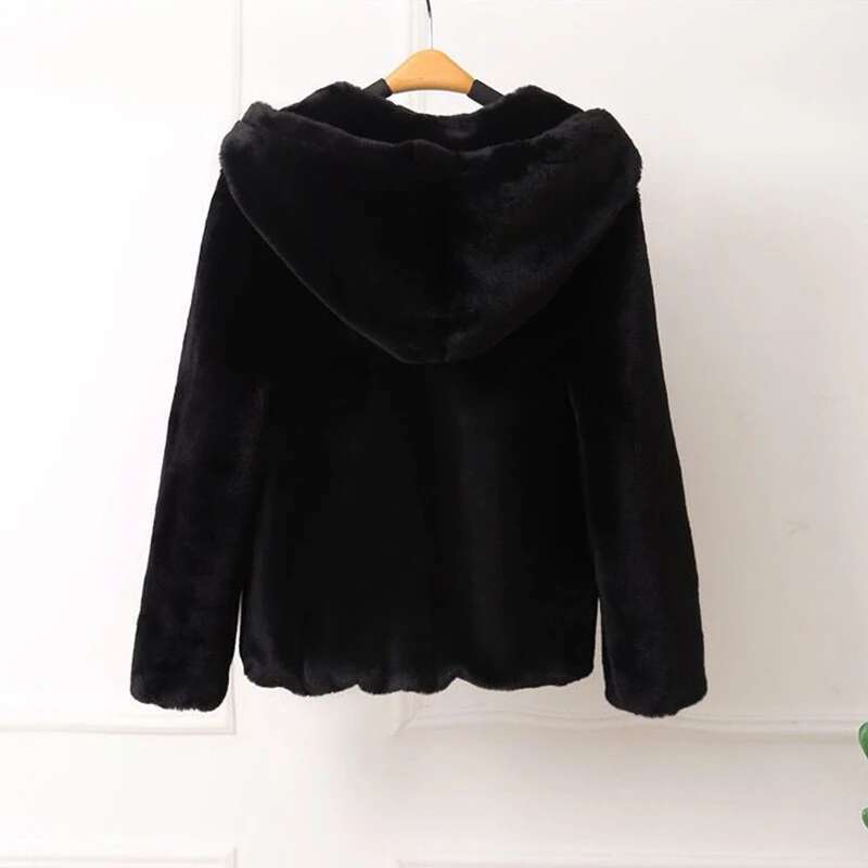 Lucyever High Quality Rabbit Hooded Coat Women Black Faux Fur Jacket Female Winter Zip Thick Warm Furry Coats