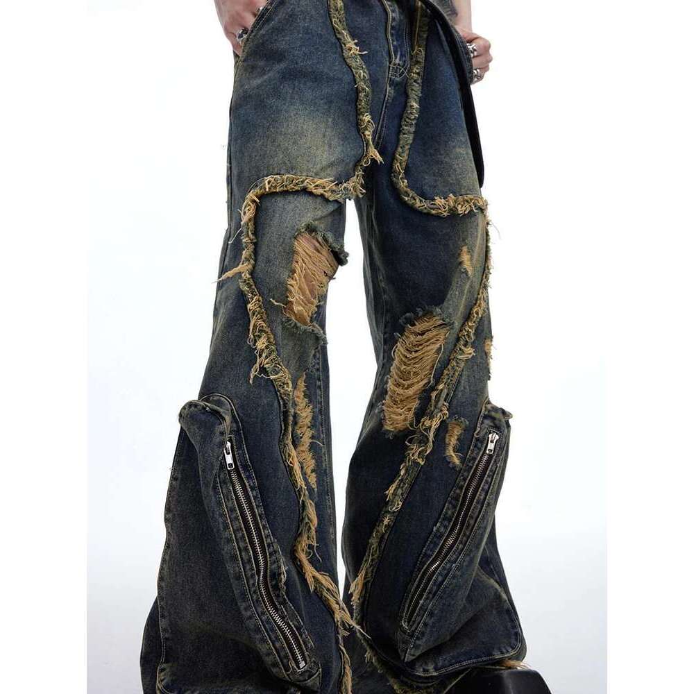 Fashion Wornout Splicing Burr Edge Design Street Denim Pants Men 2024 New Trendy Personalized Original Male Jeans