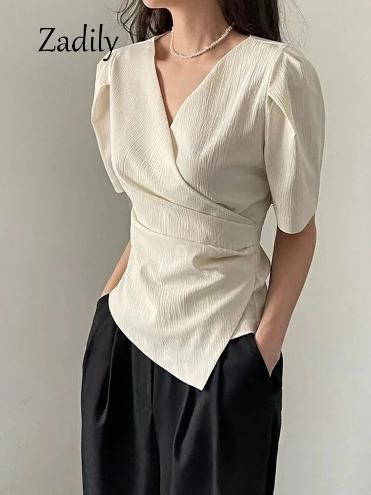 Summer Short Sleeve Women Chiffon Blouse Shirt Korea Style Slim Irregular V Neck Woman Top Casual Asymmetry Female Clothing 250109