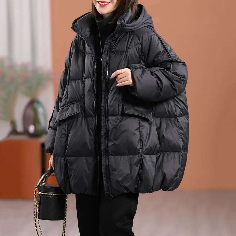 Lagabogy 2024 New Winter Women White Duck Down Jacket Hooded Warm Oversize Puffer Coat Female Casual Loose Parkas Pocket Outwear