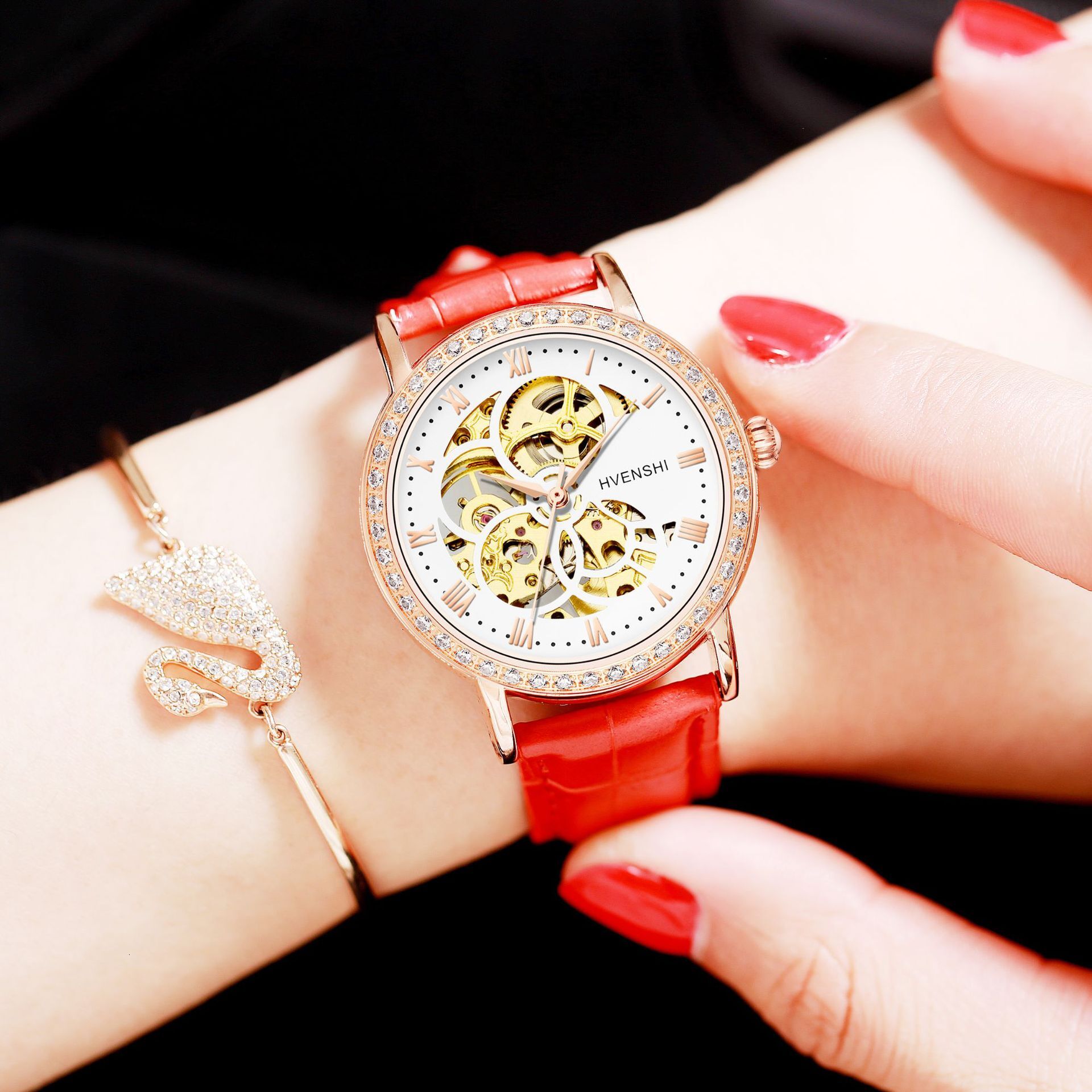 New Arrival Genuine Automatic Mechanical Watch for Women with Skeleton Dial and Stainless Steel Band
