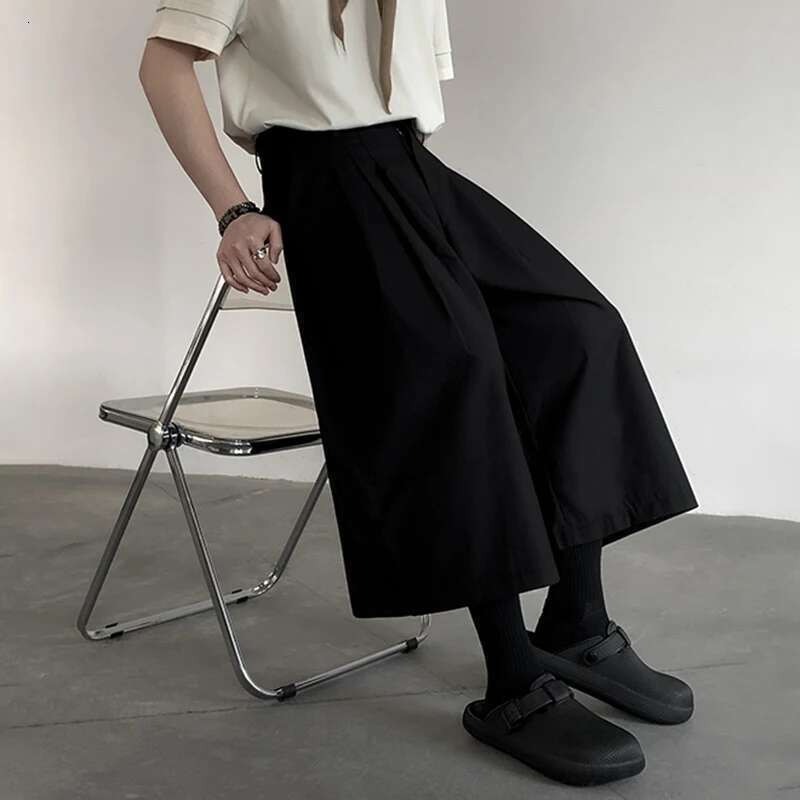 Solid Color Pleated Design Trendy Straight Pants Original New Men's Stylish Elegant Street Nine Points Trousers