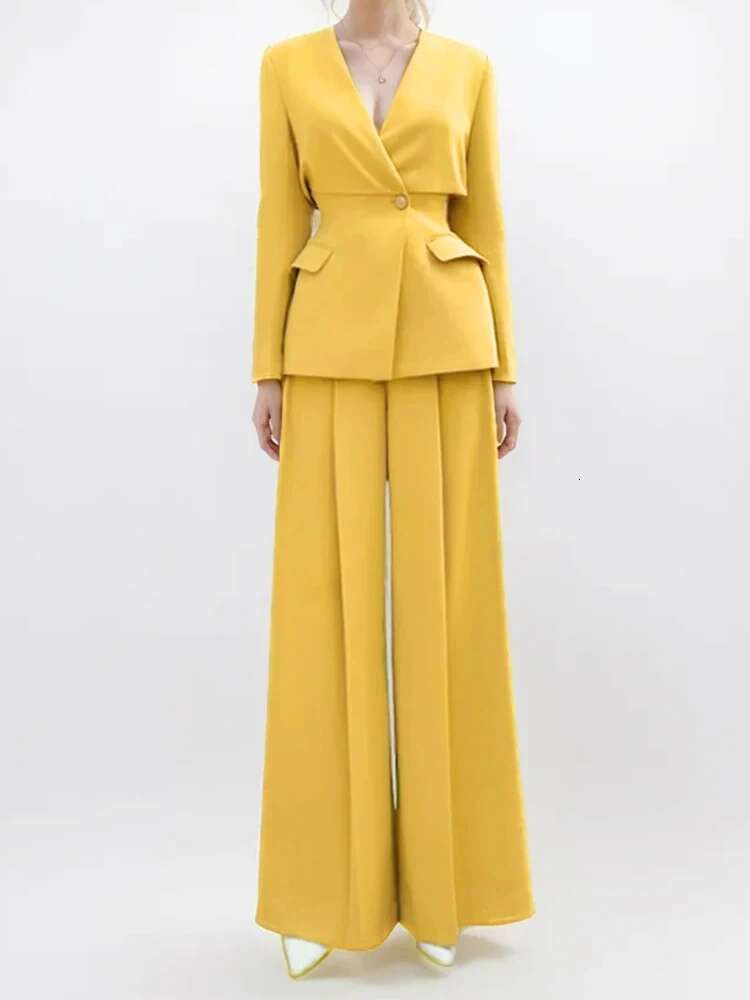 TWOTWINSTYLE Solid Loose Two Piece Sets For Women V Neck Long Sleeve Tunic Coat High Waist Wide Leg Pants Elegant Set Female New