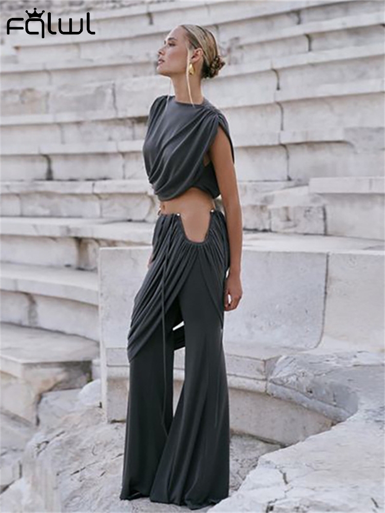Habbris Autumn Elegant Ruched Women 2 Piece Set Party Outfits 2024 Sleeveless Crop Top+Metal Design Irregular Flared Long Pants