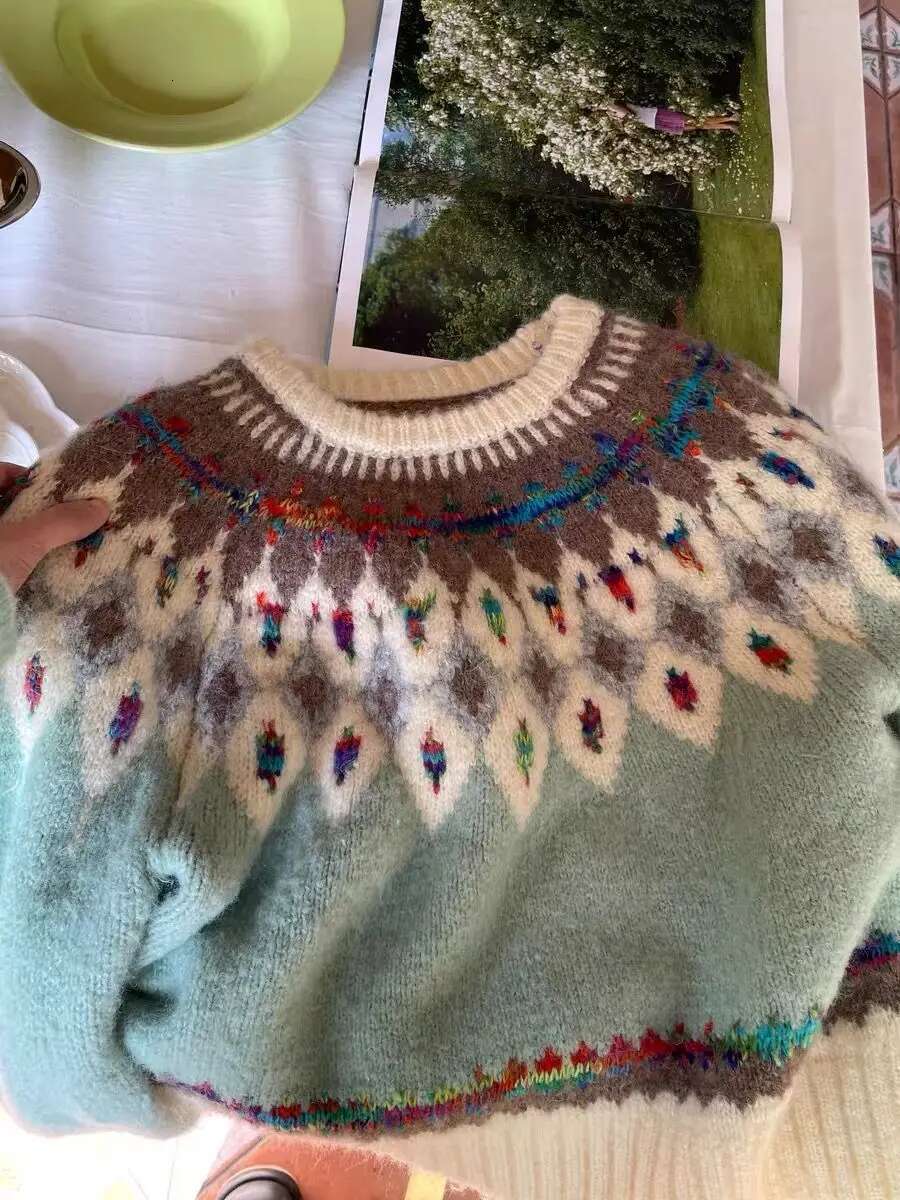 Vintage Fair Isle Jacquard Sweater For Women Argyle Aesthetic Knitted Pullover Crop Top Sweet Girls Winter Clothes Loose
