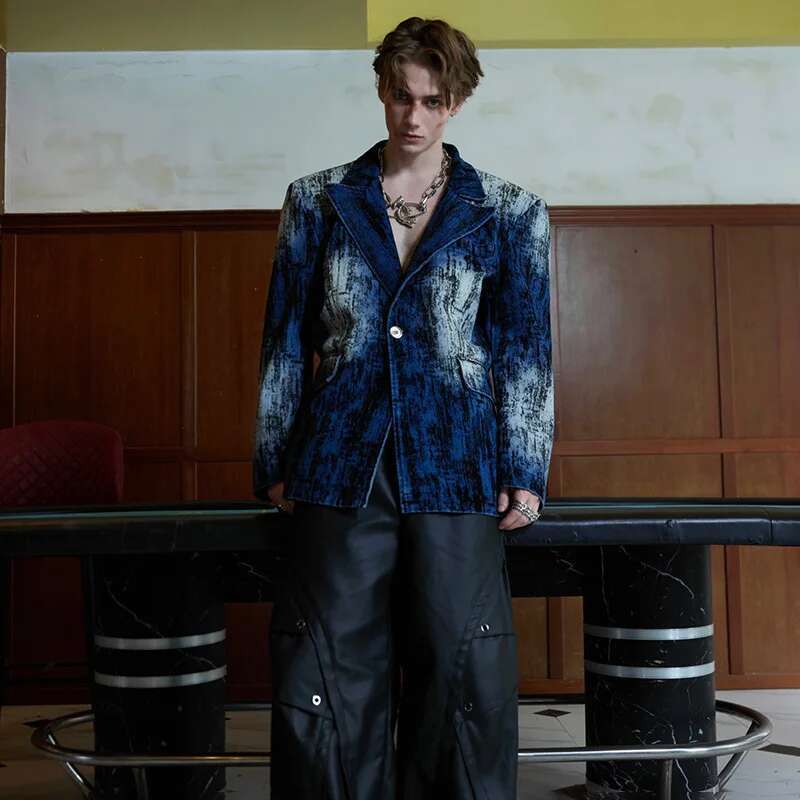 Tie Dye Vintage Design Shoulder Padded Suit Jacket Denim Blazer Coats Male Original Personalized Trendy Streetwear