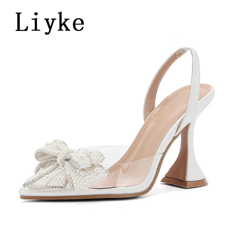 Liyke Summer Fashion Party Dress Slingback Shoes Pearl Bowknot Women Pumps Sexy Pointed Toe White High Heels Transparent Sandals 250106