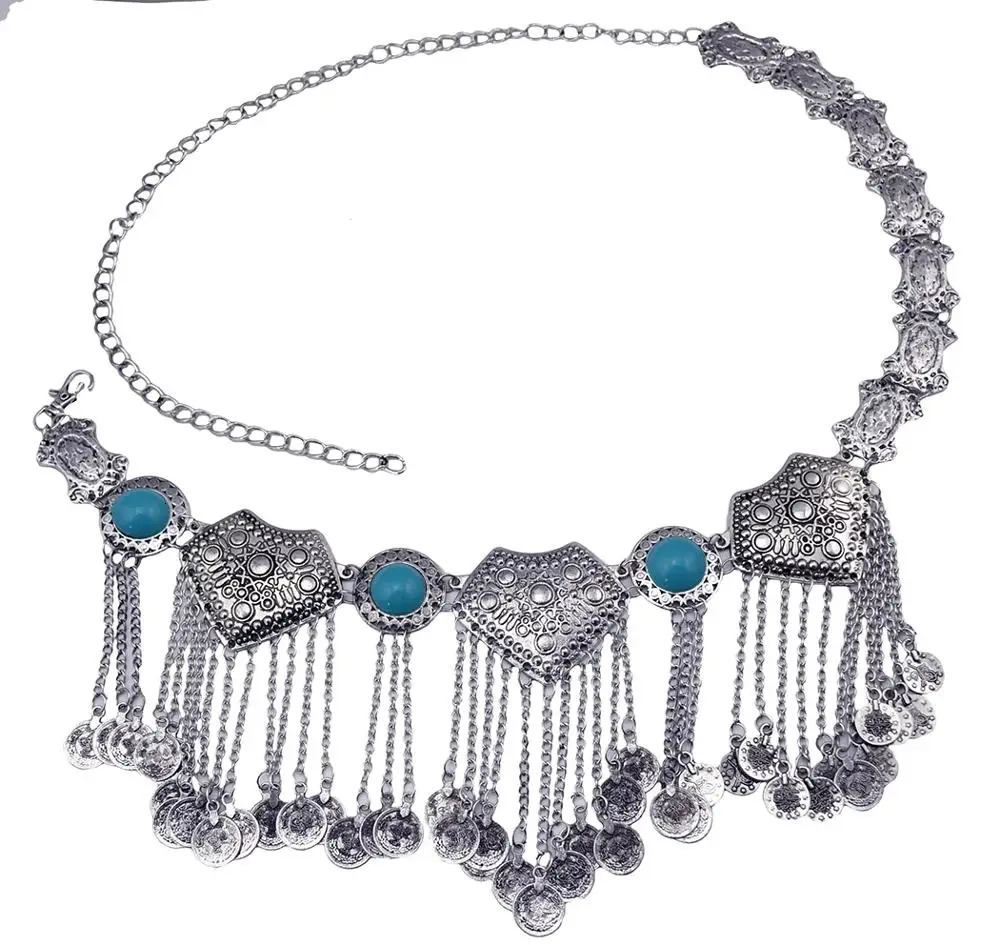 Vintage Gypsy Tribal Long Coin Tassel Ethnic Metal Waist Belly Chain Acrylic Gem Belts Turkish Afghan Dress Indian Body Jewelry 250107