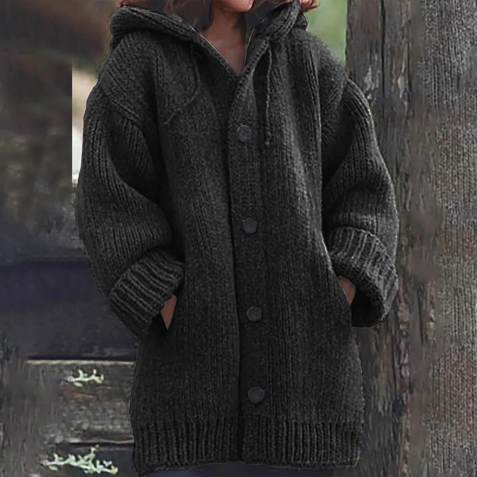 Solid color cardigan sweater for women plush and thick autumn and winter hooded and minimalist jacket Pocket Shawl for wome 250106