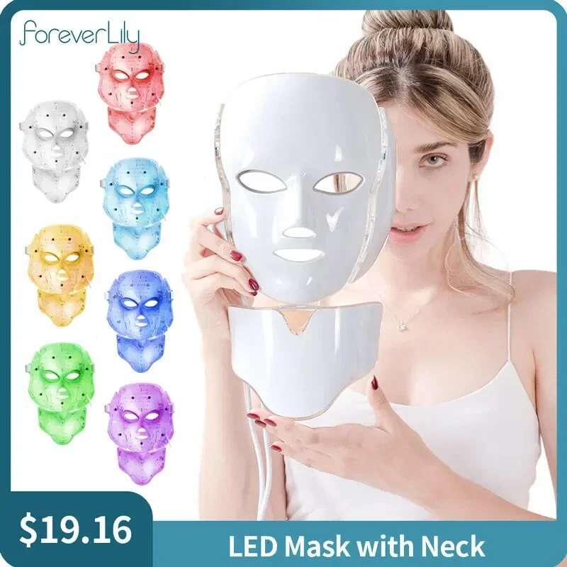 7 Colors LED Facial with Neck Korean Photon Face Mask Red Light Therapy Acne Wrinkle Removal Beauty Skin Care