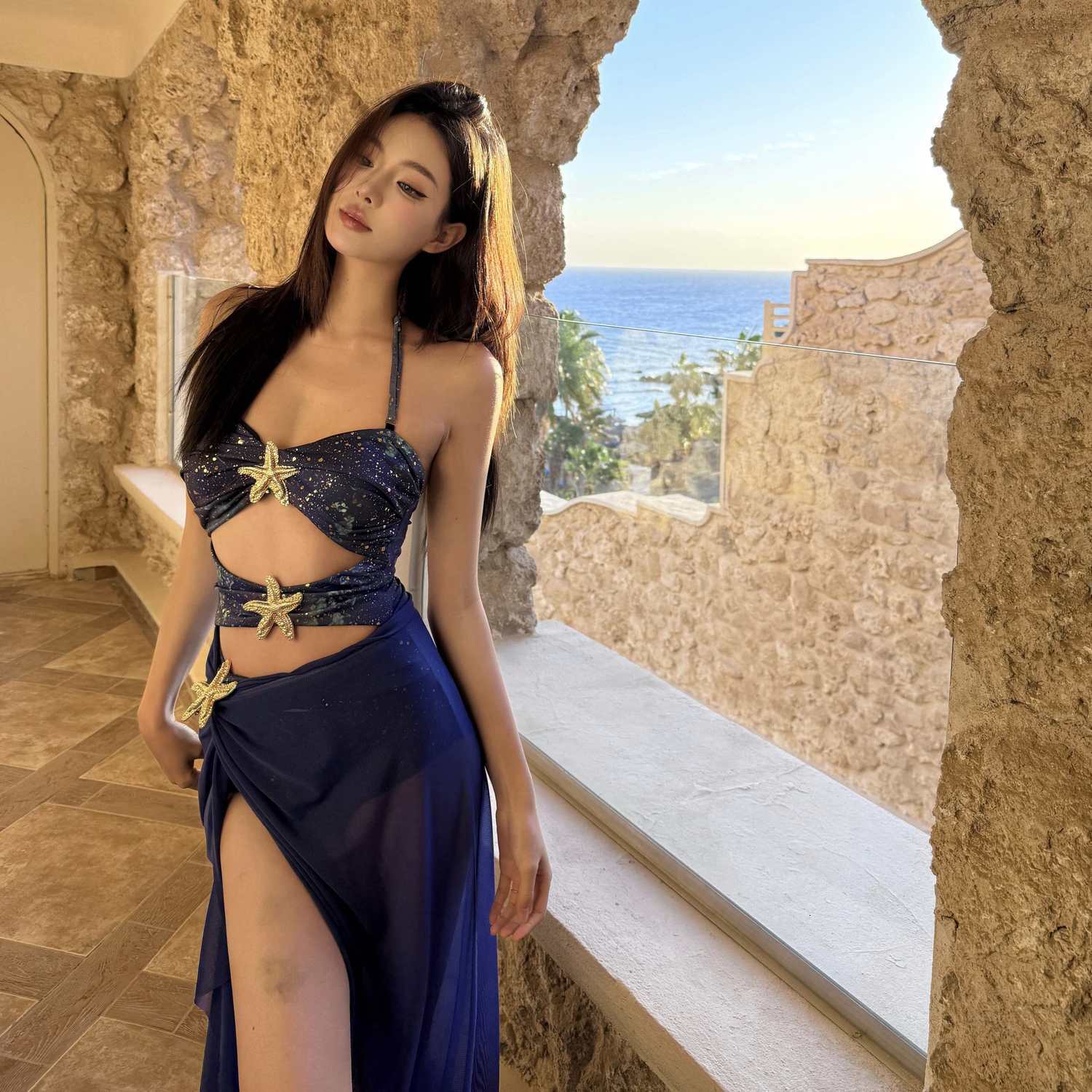 Haipai Sweetheart Blue 2025 New Island Resort One Piece Beach Long Dress Swimsuit Designer Women's Sexy Show White Summer