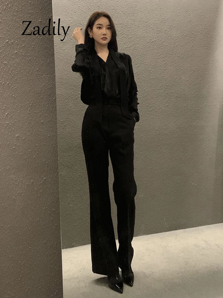 Zadily Spring Office Lady Long Sleeve Women Satin Blouse Korea Style V Neck Bandage Woman Shirt Female Clothing Tops 250109
