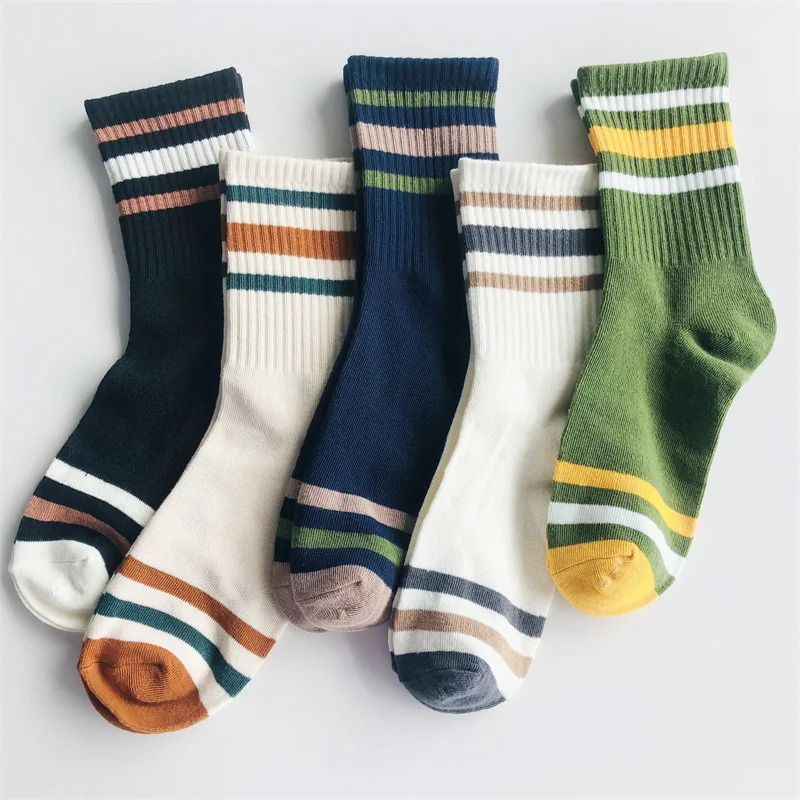 5 Pairs Mens Colorful Striped Casual Socks Fashionable Sports Sweat Absorbing And Breathable Suitable For All Seasons 250108