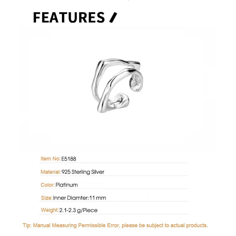 F.I.N.S 1PC Geometric S925 Silver Ear Clip No Hole Double Layer Irregular Ear Cuffs for Women Piercing Catilage Jewelry 250103