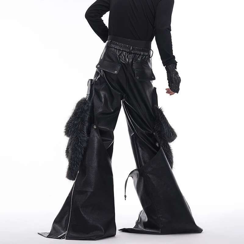 Autumn Original Designer New In Faux Leather Trousers Detachable Splicing Imitation Fur Pants High End Street
