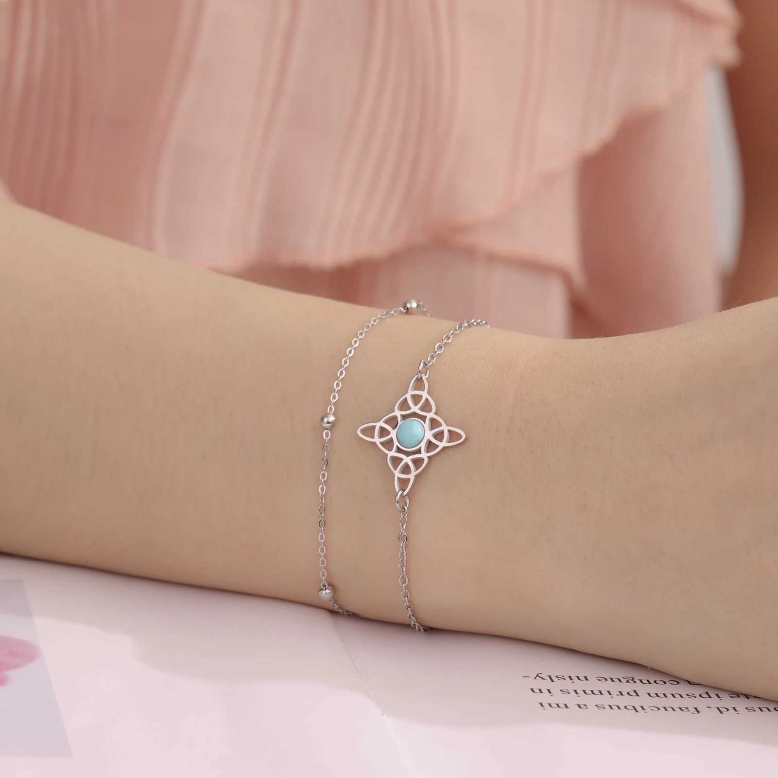 Blue Stone Witch Knot Womens Bracelet Stainl Steel Witch Knot Celtic Knot Double Chain Jewelry Christmas Jewelry GiftXJ250109