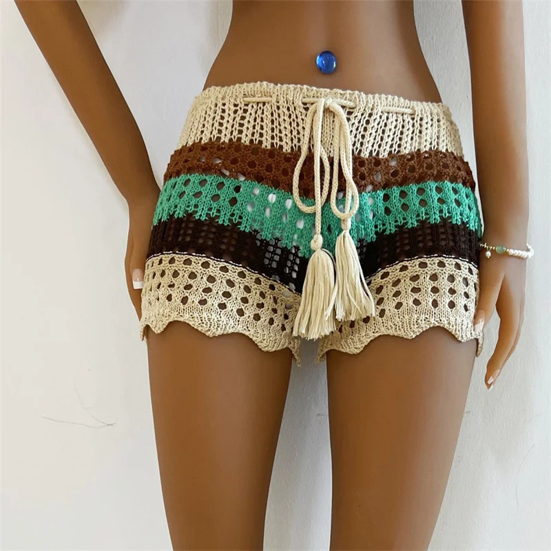 Lamuusaa Summer Skirt Cover Up Women Contrast Stripe Drawstring Hollow Out Crochet Knitted Skirts Sarongs Swimwear Beachwear 250108